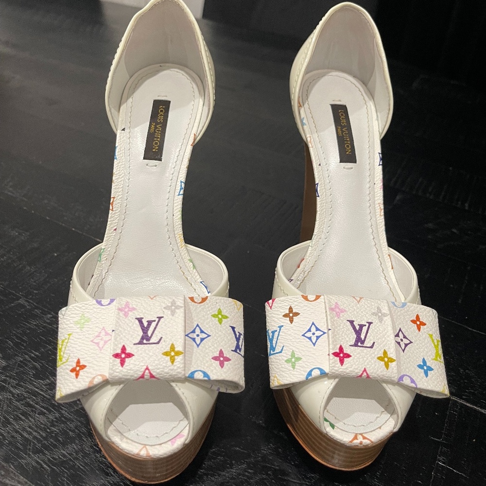 Louis Vuitton White (Multicolor) Monogram Canvas Platform Peep Pumps Size 36.5